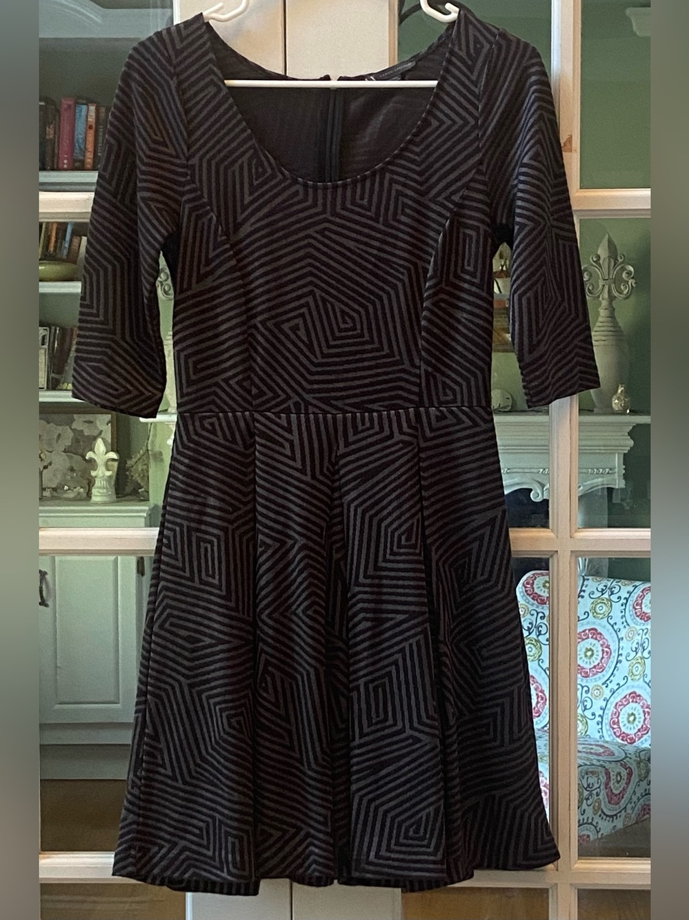 Armani Exchange Black and Silver Geometric Fit-and-Flare Midi Dress